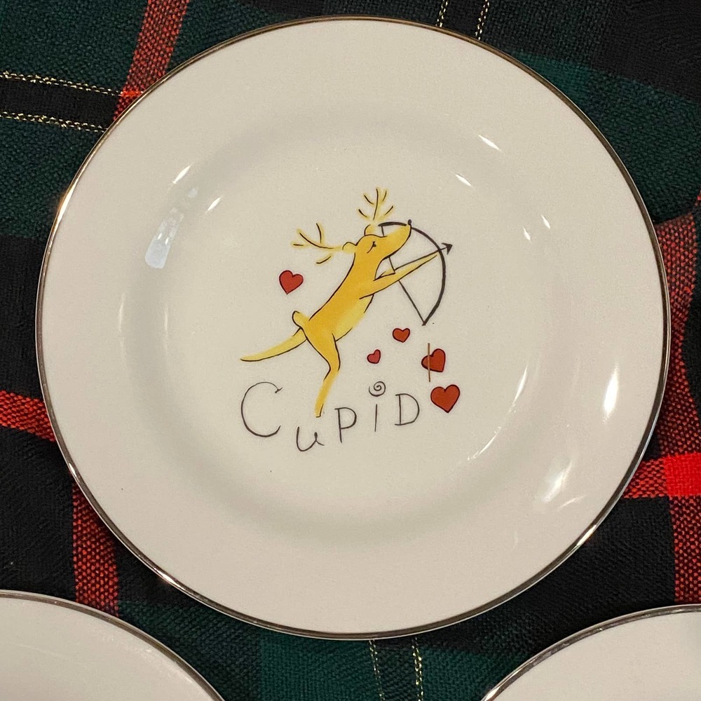 Pottery Barn REINDEER CUPID Salad Plates 8-1/2” White Porcelain MINT!